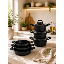 Lavonni Obsidyen Premium 9 Parça Döküm Granit Tencere ve Sahan Seti 16-18-20 cm Derin Tencere + 18-20-22 cm Sahan Siyah