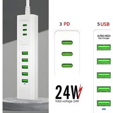 Aydogan's 8 Portlu Çoklu USB Şarj Istasyonu 5 USB + 3 Type-C Masaüstü Çoklu Şarj Cihazı