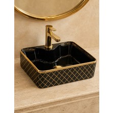 Yedi Yapı Siyah Gold Desenli Tezgah Üstü Seramik Çanak Lavabo 48X37X13 cm