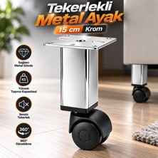 Nzb Krom Metal Gövdeli (1 Adet) 15 cm Plastik Tekerlekli Mobilya Baza Sehpa Ayağı Ayak Kare