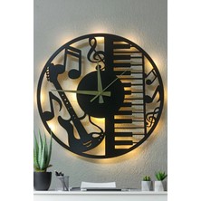 St. Morritz 50 cm Müzik Temalı Dekoratif Duvar Saati - Gitar, Nota ve Piyano Tasarımı, Işıklı Mdf Saat, Modern
