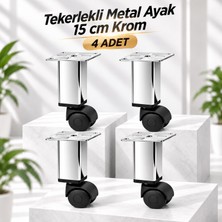 Nzb Krom Metal Gövdeli (4 Adet) 15 cm Plastik Tekerlekli Mobilya Baza Sehpa Ayağı Ayak Kare
