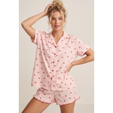 Siyah İnci Somon Kareli Kiraz Desenli Ince Soft Örme Mevsimlik Düğmeli Şortlu Pijama Takımı 8044