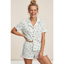 Siyah İnci Yeşil Kareli Kiraz Desenli Ince Soft Örme Mevsimlik Düğmeli Şortlu Pijama Takımı 8044