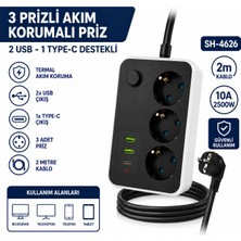 AŞIK STORE SH-4626 3’lü Topraklı Termal Akım Korumalı Priz 2 USB 1 Type-C Şarj Çıkışlı 2 Metre Kablolu Anahtarlı Çoklu Grup Priz Uzatma Kablosu