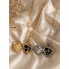 Moonpiece Collection Kişiye Özel Gold Kalpli Kapaklı Görsel Baskılı Kolye Hediye Sevgili Çelik