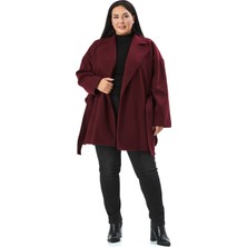 Disentis Modest Büyük Beden Düşük Kollu Kuşaklı Astarsız Kısa Kaşe Bordo Kaban