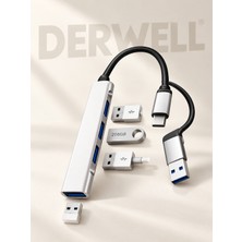 Derwell Yeni 2026 Çift Girişli USB Hub Çoklayıcı 4 Portlu Type-C ve USB A 3.0 Dönüştürücü Adaptör Laptop Pc Telefon Tablet Uyumlu Tak Çalıştır Klavye Mouse Harddisk Kart Okuyucu Yazıcı Bağlantı Aparatı Gri
