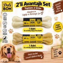 Delibon Deri Pres Kemik Köpek Ödülü 15 cm M Boy Beyaz ve Natural 2'li Set