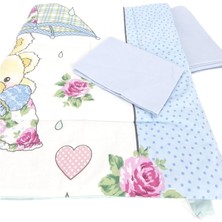 Bebek El Yapımı Ayı Desenli Yorgan Çarşaf ve Yastıklı Üçlü Set (Mavi)