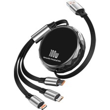 Technio 3in1 Makaralı Çoklu Şarj Kablosu 100W Hızlı Şarj - Type-C, Lightning, Micro USB Geri Çekilebilir Data Kablosu