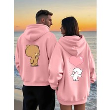Mondschein Sevgili Kombin Hoodie Ayıcık Baskılı Kalpli Çift Sweatshirt Unisex Kapüşonlu Oversize