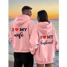 Mondschein Sevgili Çift Kombin I Love My Wife Husband Baskılı Kapüşonlu Sweatshirt 2'li Unisex Hoodie