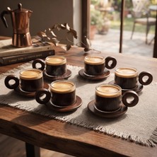 Lovesta Home 12 Parça Çizgili Akasya Kahve Takımı - 6 Parça Fincan Tabağı - 6 Parça Çizgili Desenli Cam Fincan