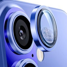 Store iPhone 16 ve 16 Plus ile Uyumlu Alüminyum Alaşım Çerçeveli ve 9h Sertliğinde Temperli Camlı Lens Koruyucu (Mavi, Sapphire Glass)