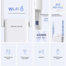 Store Mercusys ME80X, AX3000 Mbps, 1 Gigabit Bağlantı Noktası ve 2 Harici Anten, Dahili Access Point Modu, Tek Tuşla Kolay Kurulum, Mobil Uygulama Desteği, Dual-Band Wi-Fi 6 Menzil Genişletici