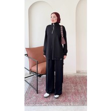 RFK Butik Kadın Oys.ho Rahat Kalıp Fermuarlı Halka Detaylı Tunik Pantolon Takım - Siyah