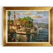Tablore Altın Çerçeveli Ortaköy Camii ve Istanbul Boğazı Kanvas Tablo Deniz Manzaralı Yağlıboya Görünümlü