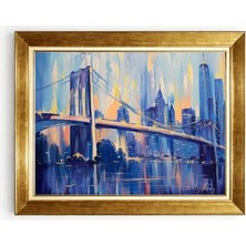 Tablore New York Brooklyn Köprüsü Şehir Manzaralı Gece Mavisi Altın Çerçeveli Salon Tablosu