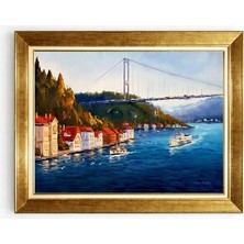 Tablore Istanbul Boğazı Köprü ve Vapur Manzaralı Yağlı Boya Görünümlü Altın Çerçeveli Tablo