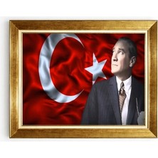 Tablore Türk Bayraklı Mustafa Kemal Atatürk Altın Çerçeveli Kanvas Tablo