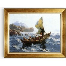 Tablore Balıkçı Teknesi Deniz Yağlı Boya Tablosu - Fırtınalı Deniz ve Dağlar, Altın Çerçeve