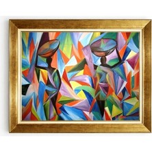 Tablore Altın Çerçeveli Kübik Soyut Sanat Kanvas Tablo Renkli Etnik Kadın Figürlü Duvar Tablosu