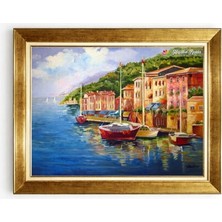 Tablore Italyan Riviera Sahili Manzaralı Gold Çerçeveli Büyük Boy Kanvas Duvar Tablosu