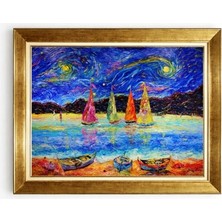 Tablore Yıldızlı Gece Deniz ve Tekneler Yağlı Boya Dokulu Çerçeveli Kanvas Tablo
