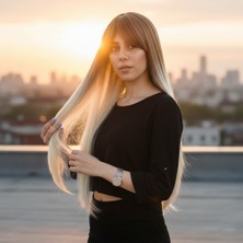 Sepetopia Fiber Sentetik Uzun Düz Kahküllü Peruk - Kumral / Platin Ombreli