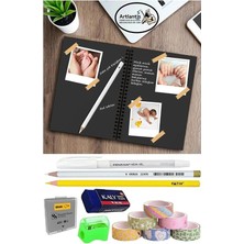 Telli Siyah Defter A5 40 Yaprak Eskiz Fotoğraf Albümü Simli Bant Sarı Beyaz Kurşun Jel Kalem Sigi Kalemtarş Hamur Silgi