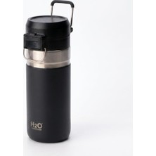 500 ml (0,5 Litre) Kapasiteli Paslanmaz Çelik Termos Kupa - Entegre Ağızlıklı, Taşıma Kulplu Seyahat Matarası (Siyah)