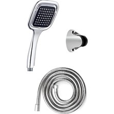 Şık Tasarımlı Elegant Duş Seti, Siyah, Krom, Kare, Spiral Hortum, Duş Başlığı ve Mafsal Askılı, Banyo Için