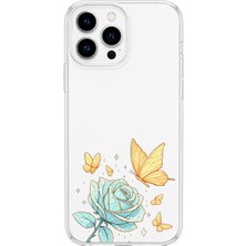 LOTUS GOLD iPhone 14 Pro Uyumlu Gül ve Kelebek Desenli Şeffaf Telefon Kılıfı