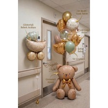 Hastane Odası ve Özel Kutlama Süsleme Seti - Ayı Figürlü & Bebek Arabalı Balon Buketi Gold Soft Renkler (15 Parça)