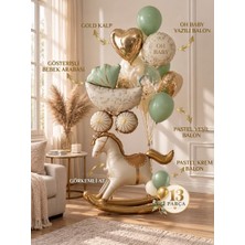 Hastane Odası ve Özel Kutlama Süsleme Seti - Sallanan At Figürlü & Bebek Arabalı Balon Buketi Gold Soft Renkler (13 Parça)