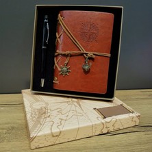 Pileli Store Kahverengi Pusula Tasarım Deri Defter ve Siyah Kalem Seti