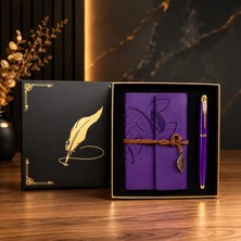 Pileli Store Mor Yaprak Desenli Deri Defter - Roller Metal Kalem - Özel Hediye Seti