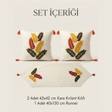 Destiva Home Punch Nakışlı Yaprak Desenli Kırlent Runner Seti 2 Kare Kırlent 1 Runner Boho Dekoratif Salon Seti