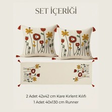 Destiva Home Gelincik Punch Nakışlı Çiçek Desenli Kırlent Runner Seti 2 Kare Kırlent 1 Runner Boho Dekoratif Salon Seti