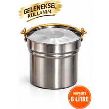 6 Litre Paslanmaz Çelik Yoğurt Mayalama ve Süt Kabı (Satır/bakraç) – Geleneksel Sarı Kulplu - 16 Satır