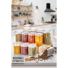 St. Morritz Resimli Etiketli 12'li Akrilik Vakumlu Kare Baharatlık Seti 300 ml - Sızdırmaz Baharatlık Takımı