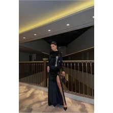 Lior Design Kadın Modern Tasarım V Yaka Taş Detaylı Uzun Kollu Abiye Elbise