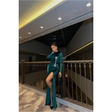 Lior Design Kadın Modern Tasarım V Yaka Taş Detaylı Uzun Kollu Abiye Elbise