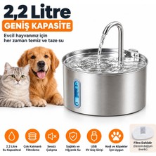 Atlt Atlantis 2.2 Litre Kedi Köpek Evcil Hayvanlar Için Su Pınarı Su Sebili Devir Daim 304 Paslanmaz Çelik Su Kontrol Seviyesi Için Şeffaf Su Seviyesi Filitreli Sesiz Çalışma USB 5V Giriş
