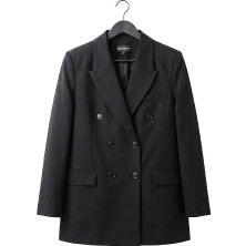 Juuuj Siyah Dokuma Kumaş Kruvaze Yaka Oversize Geniş Kesim Altı Düğmeli Cepli Blazer Ceket