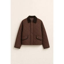Juuuj Kahverengi Polyester Kumaş Polo Yaka Içi Astarlı Kapitone Kadife Dokulu Oversize Ceket