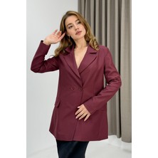 Juuuj Bordo Pamuklu Karışım Kumaş Klasik Yaka Oversize Form Kapaklı Cep Detaylı Blazer Ceket
