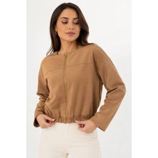 Juuuj Taba Süet Dokulu Bisiklet Yaka Crop Bomber Form Fermuarlı Lastik Detaylı Mevsimlik Ceket