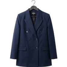 Juuuj Lacivert Dokuma Kumaş Kruvaze Yaka Uzun Kollu Oversize Dört Düğmeli Kapaklı Cepli Blazer Ceket
